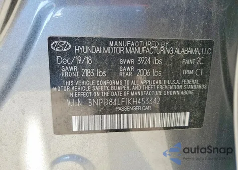 2019 Hyundai Elantra Sel z USA, uszkodzony, nr VIN 5NPD84LF1KH453342